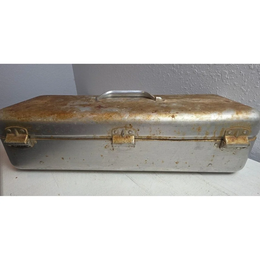 Vintage Aluminum‎ Toolbox Industrial Metal Storage Chest Rustic Patina Handle